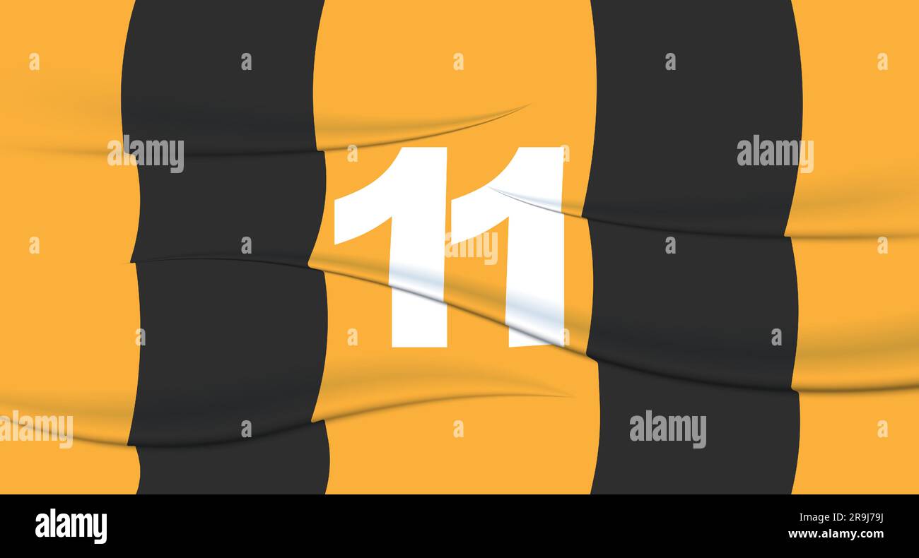 Orange footballer's number on a football jersey. 11 Numbered print
