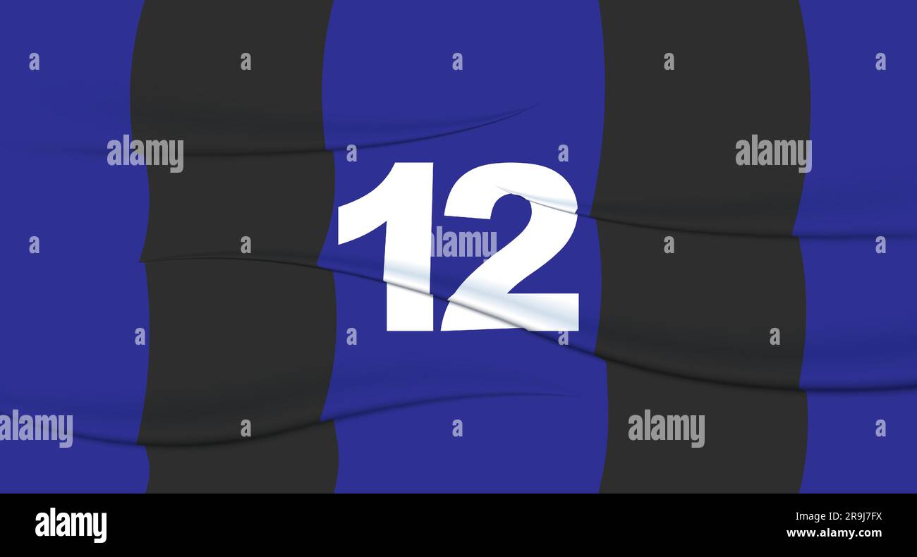 Blue footballer's number on a football jersey. 12 Numbered print