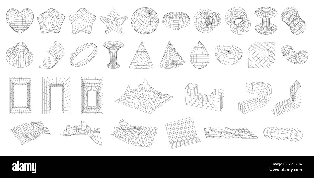 Set of wireframe 3D geometric shapes. Abstract figures, Distorted mesh grids. Mountains, Cone, distorted planes, arcs, black holes, globe. Graphic des Stock Vector