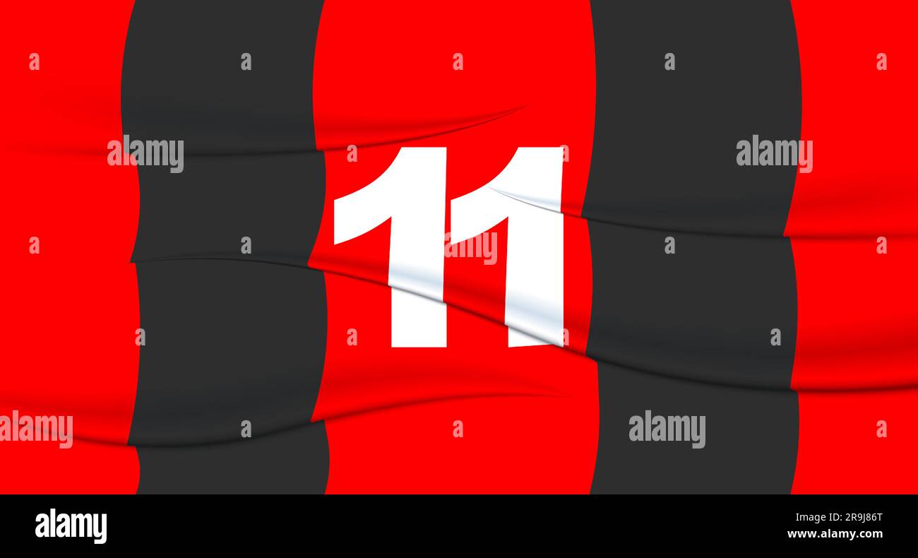 Red footballer's number on a football jersey. 11 Numbered print. Sports