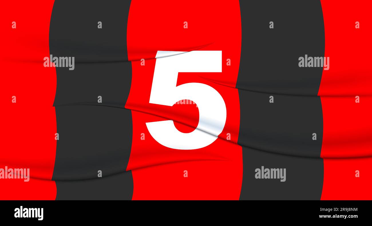 Red footballer's number on a football jersey. 5 Numbered print. Sports