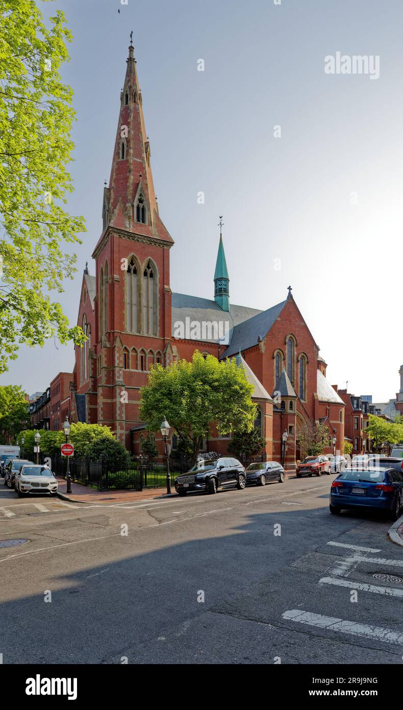 Gothic-styled Church of the Advent, at the corner of Brimmer and Mt. Vernon Streets, in Boston’s Beacon Hill Historic District. Stock Photo