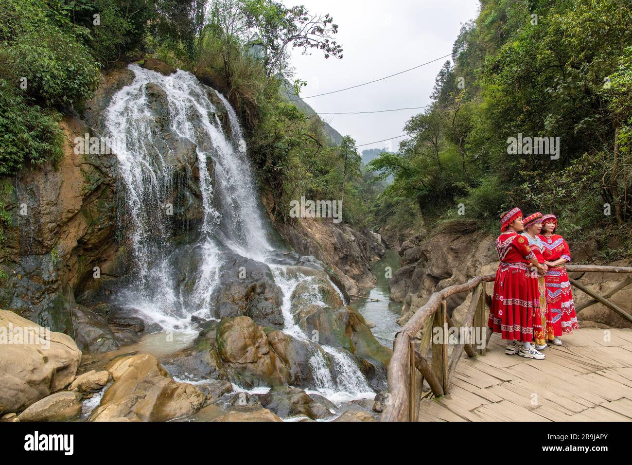 Cat Cat Village, Sapa, Vietnam-April 2023; Waterfall in the traditional village of Cat Cat known for its Water wheels for power generation with indige Stock Photo