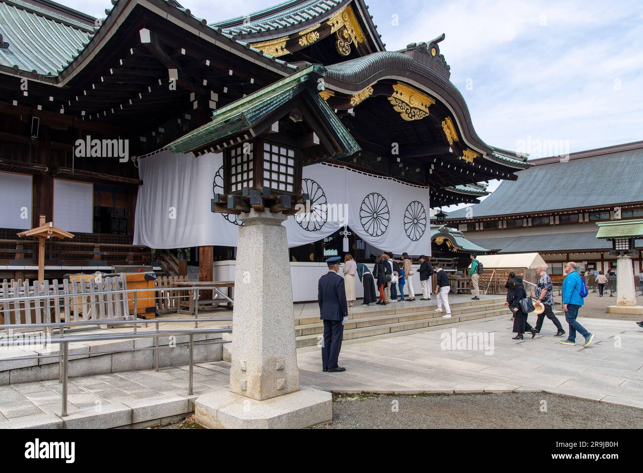 Tokyo, Japan-April 2023; View of Shinto-style Yasukuni shrine commemorating Japanese war dead with gardens and military history museum on its grounds Stock Photo