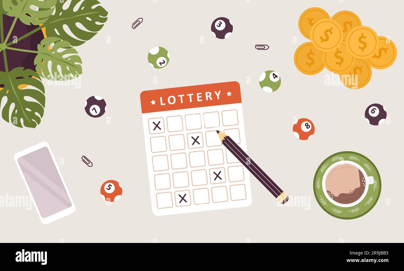 Lottery game. Ticket with hand drawing crosses. People are gambling. Top view with balls and coins. Win cash prize. Vector illustration in flat Stock Vector