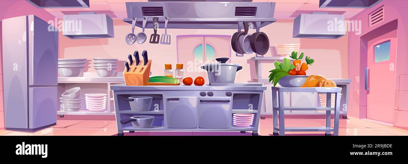 Restaurant kitchen interior for chef cook cartoon vector illustration. Commercial hotel industry