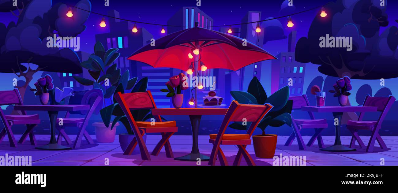 Night romantic outdoor street city cafe vector scene. Wooden table, chair and umbrella in