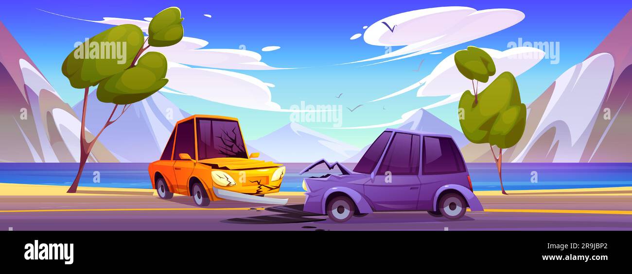 Car accident on road against mountain lake background. Vector cartoon illustration of two smashed autos standing on highway after bumper collision, oil stain on asphalt. Traffic rules violation Stock Vector