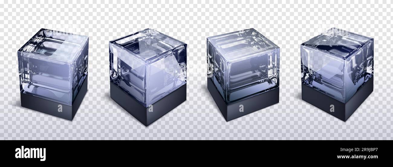 3d glass cube box vector isolated on transparent background. Crear black and white realistic geometric block with reflection. Glossy acrylic object design polygon set. Glassy futuristic art icon Stock Vector