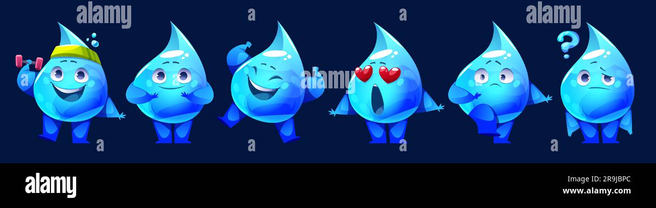 https://c8.alamy.com/comp/2R9JBPC/set-of-water-drop-mascots-with-different-emotions-vector-cartoon-illustration-of-cute-aqua-droplets-execising-with-dumbbell-smiling-laughing-jumping-in-love-scared-thinking-with-question-mark-2R9JBPC.jpg