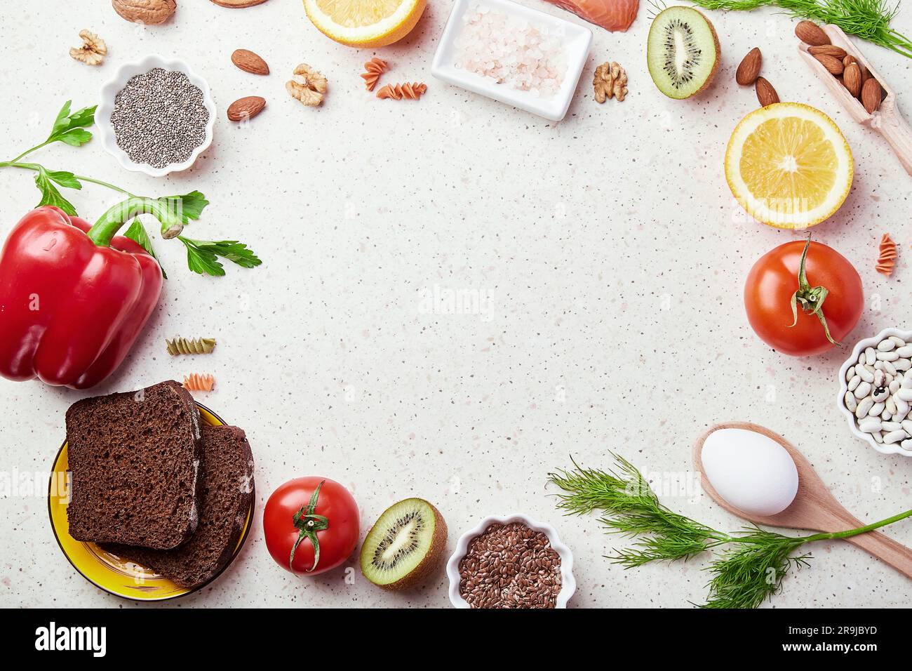 Fodmap healthy diet with copy space in center. Low fodmap ingredients