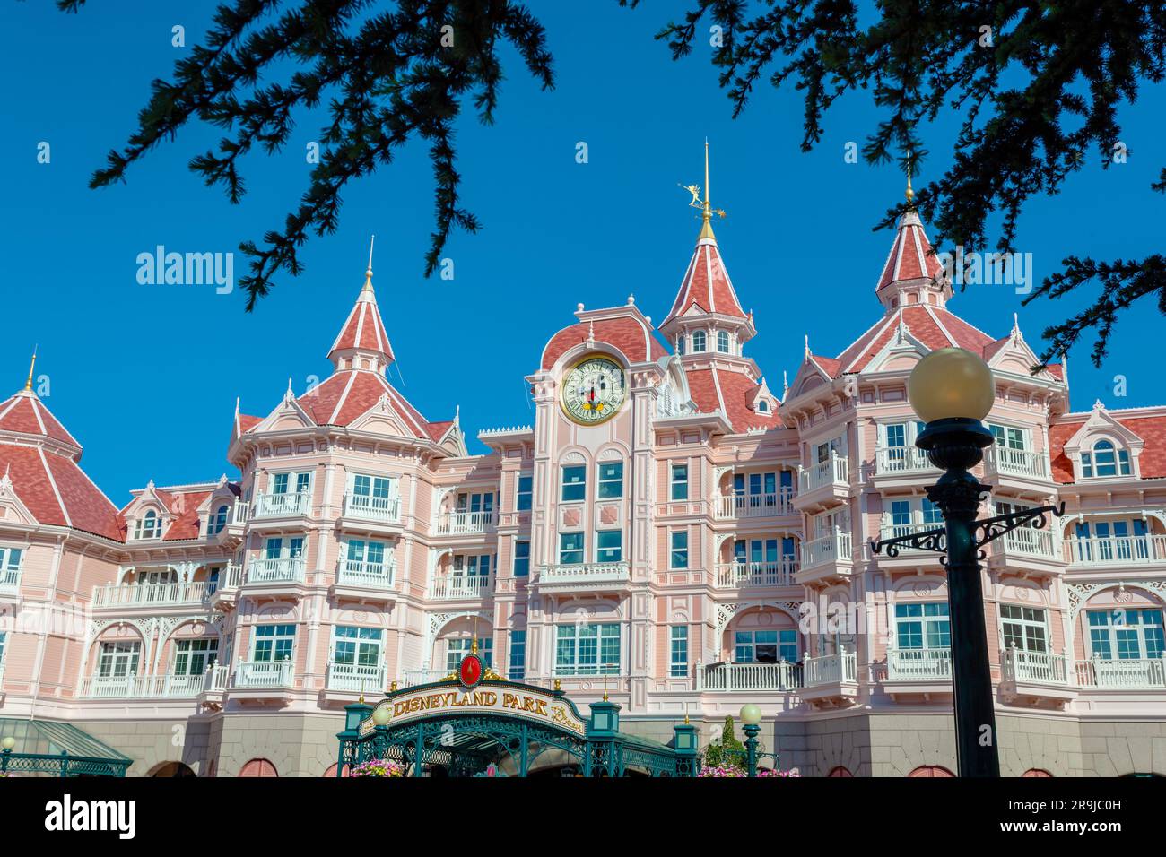 Paris, France June 02, 2023 Hotel Disneyland, it is located at the entrance of Disneyland