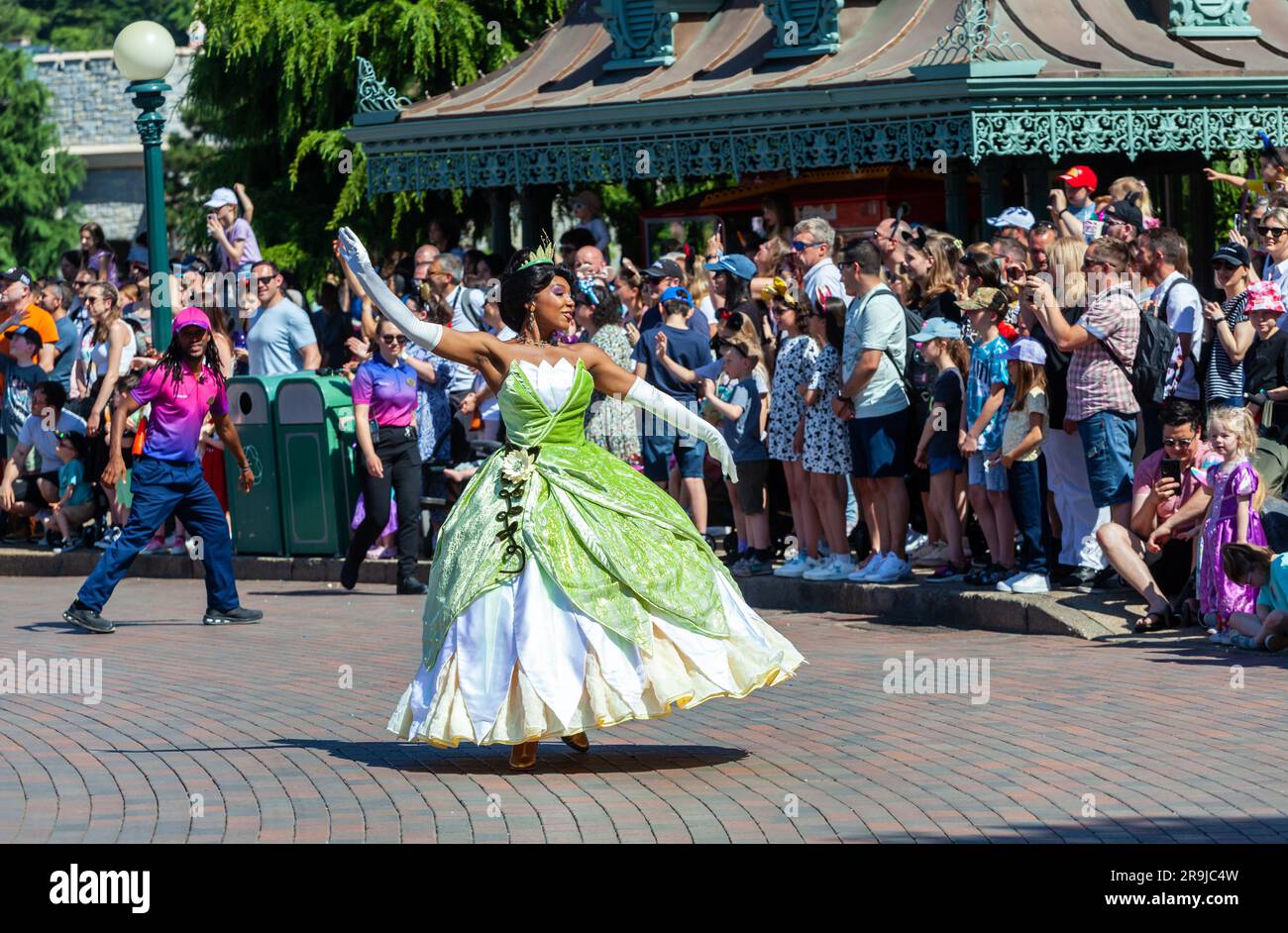 Paris, France - June 02, 2023: Show on the occasion of the 30th anniversary of Disneyland Paris. In the photo Tiana, the princess of the film The Princess and the Frog Stock Photo