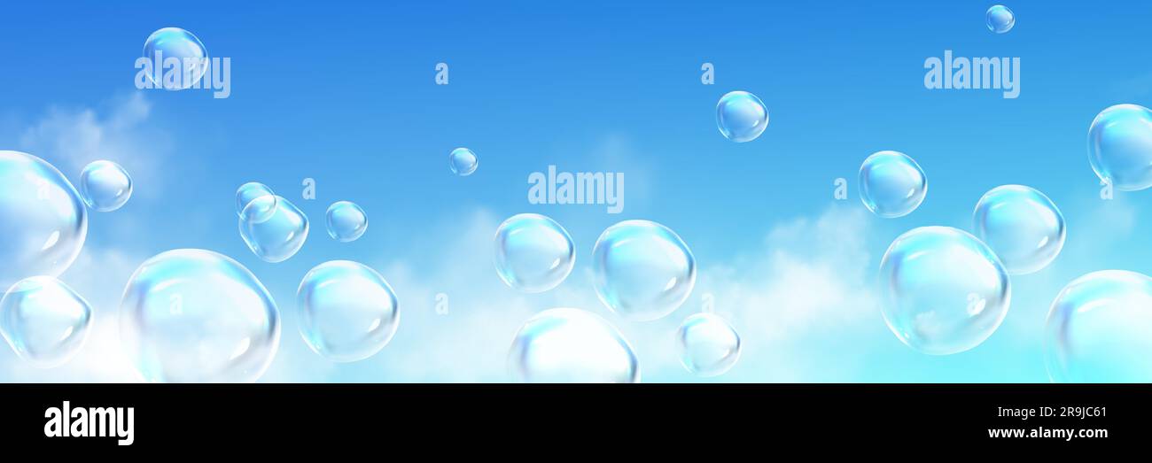 Realistic soap bubbles flying high in blue sky with fluffy white clouds. Vector illustration of transparent balls floating in air, laundry foam balls with glossy surface. Symbol of freedom, happiness Stock Vector