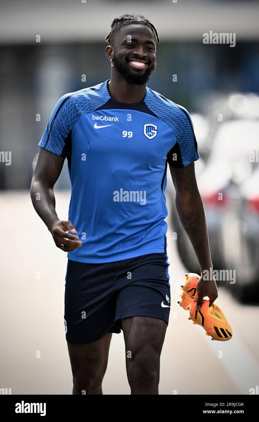 Genk, Belgium. 27th June, 2023. Genk's Tolu Arokodare pictured during a  training session of Belgian first division soccer team KRC Genk, Tuesday 27  June 2023 in Genk, to prepare for the upcoming