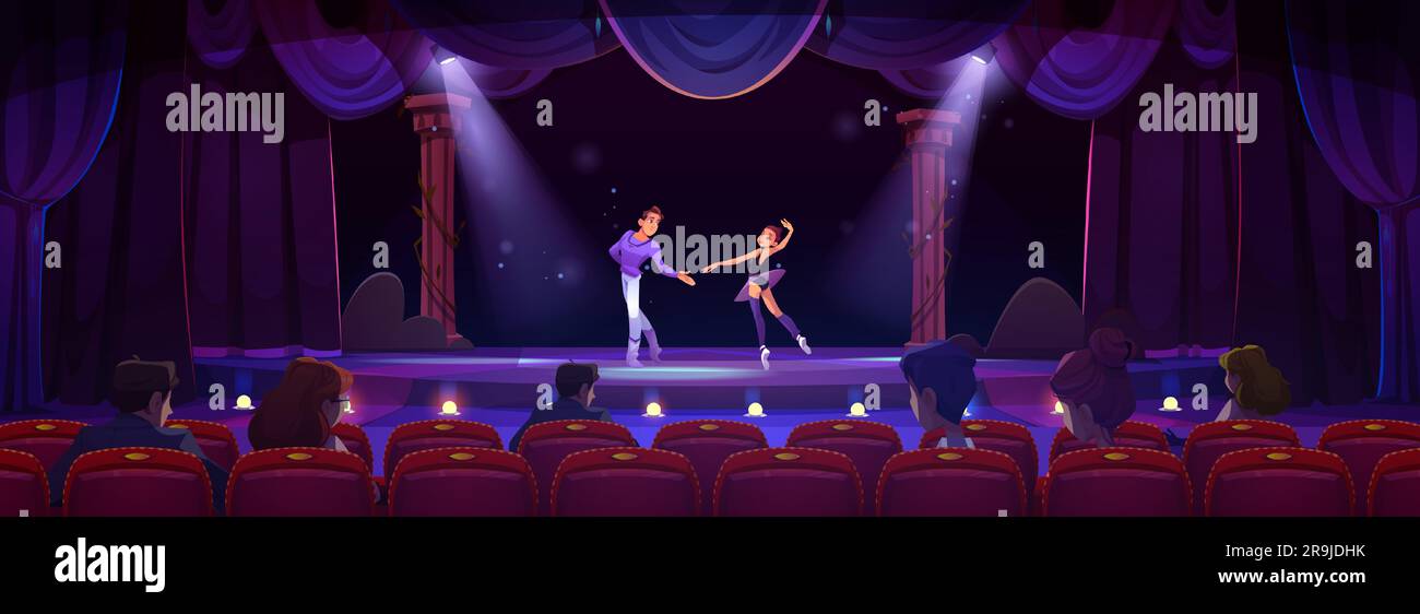 Ballet dancer show on stage with curtain background. Woman and man couple on broadway theater scene with audience. Spotlight at night theatrical and dramatic event on podium. Theatre hall interior Stock Vector