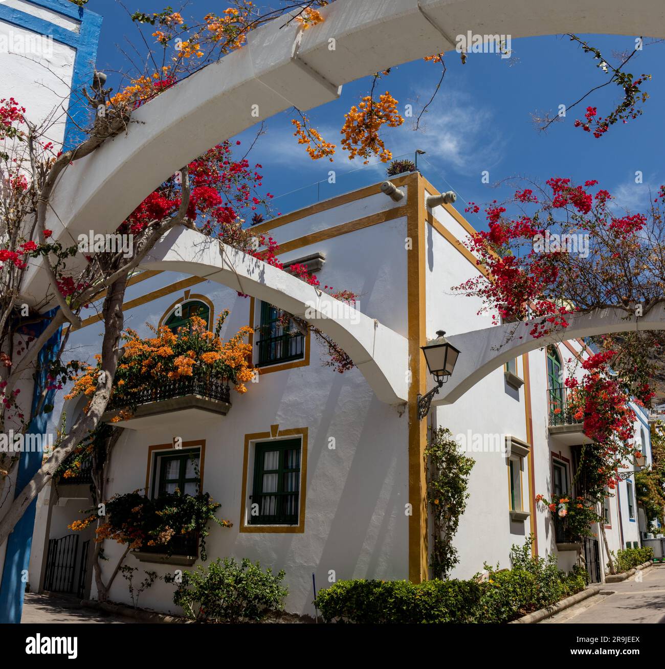 Street of Puerto de Mogán with its white houses with the frames of ...