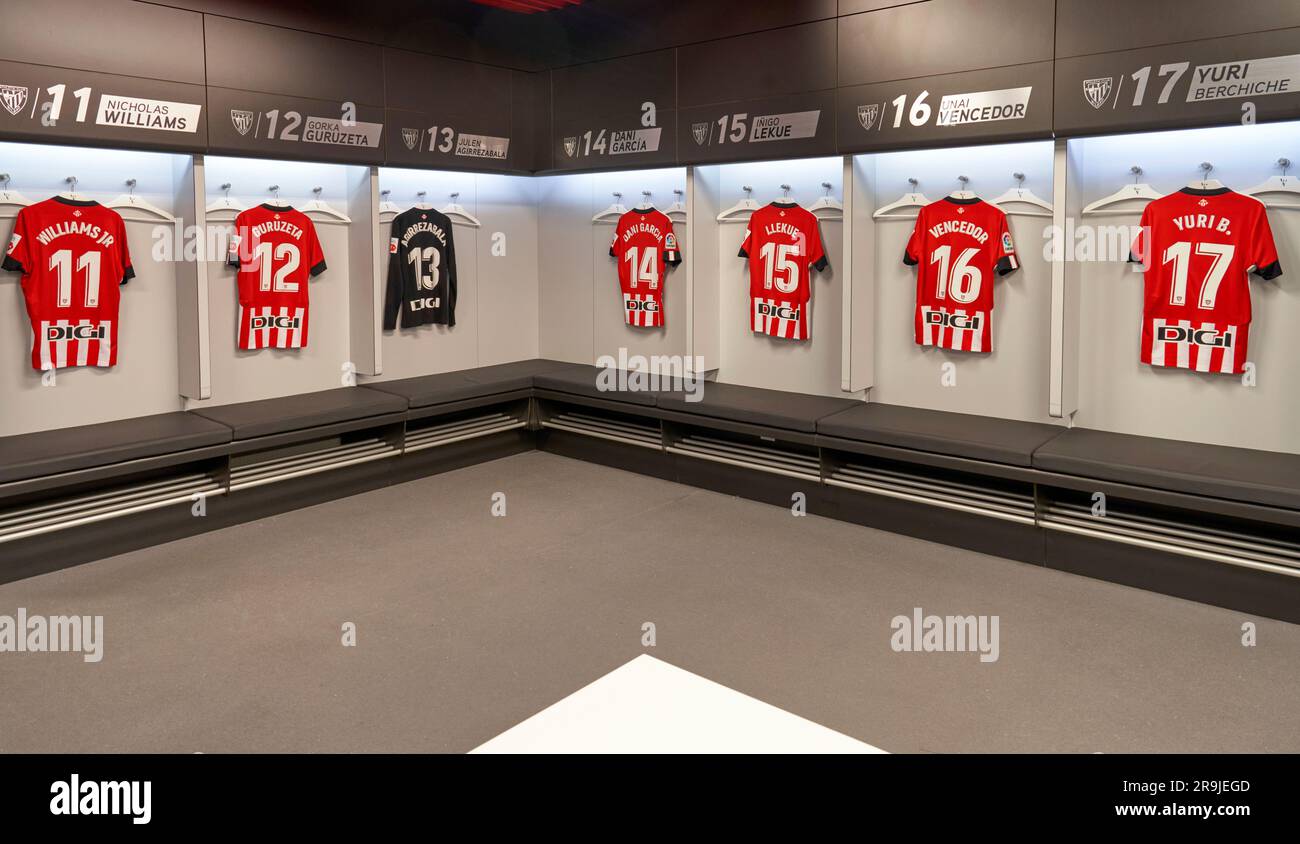 Changing room at San Mames arena - the official home ground of FC Athletic Bilbao, Spain Stock Photo