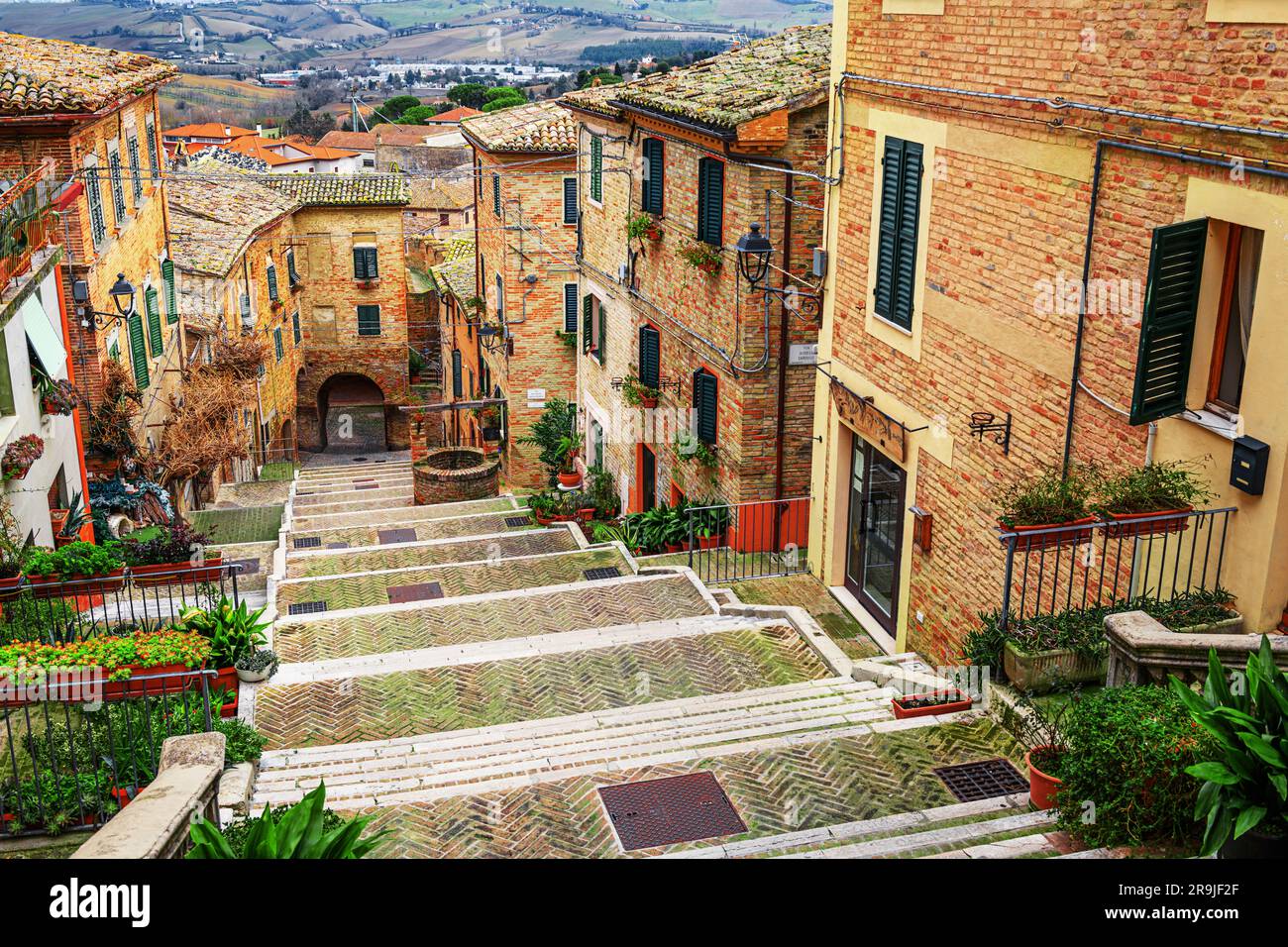 Corinaldo, Italy historic staircase in the Marche region. Stock Photo