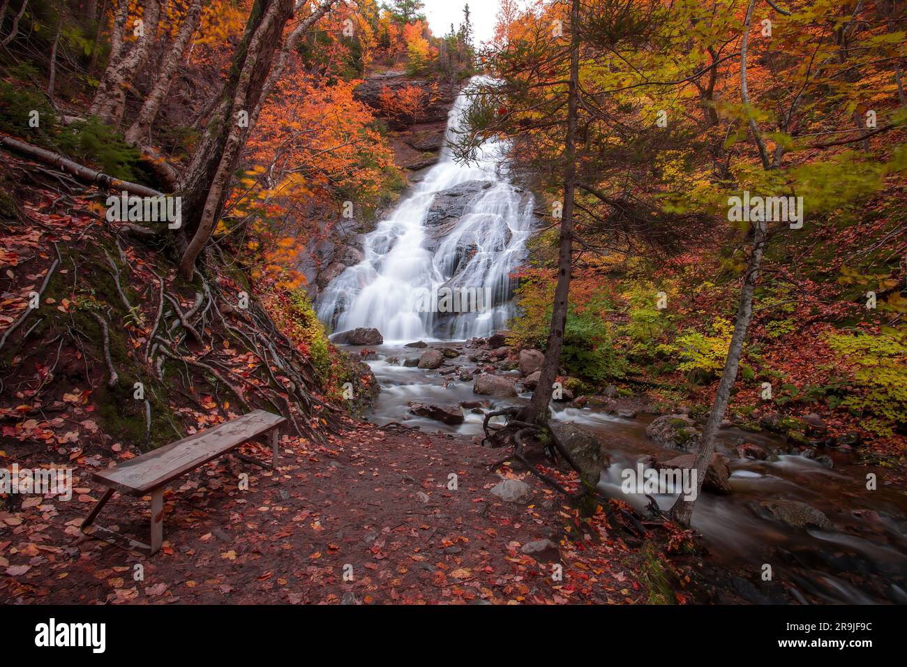 Beulach Ban Falls, Cape Breton -High water fall in an autumn forest landscape with dense trees, Cape Breton. Autumn waterfalls. Nova Scotia, Canada Stock Photo