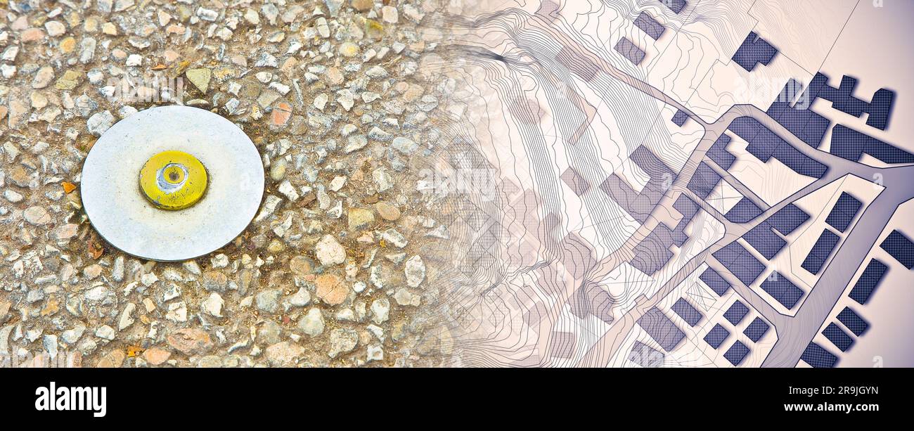 Imaginary cadastral map of territory with relief map and metal survey ...