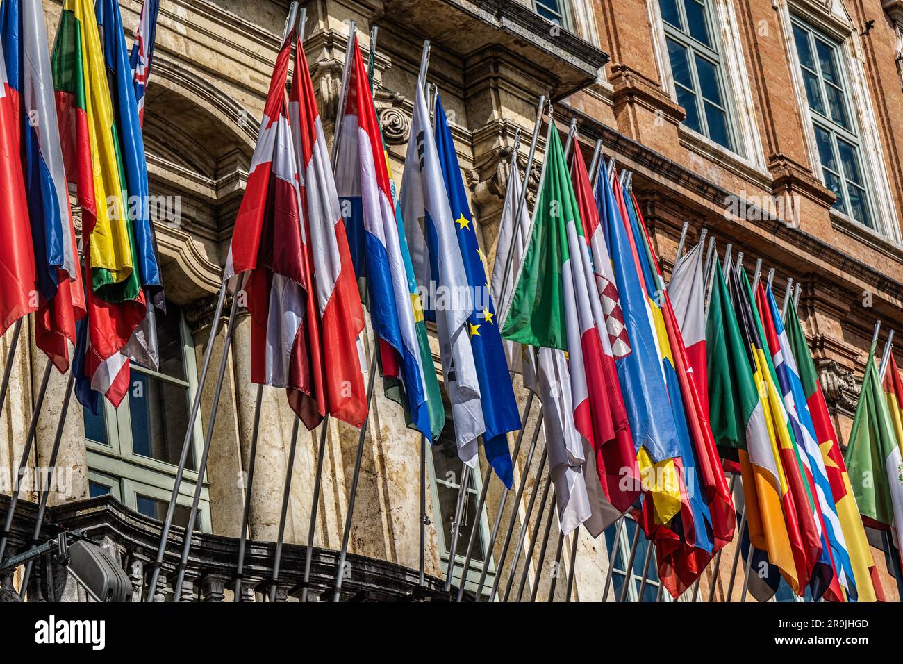 Row of international flags on the university for language, Prugia Italy Stock Photo