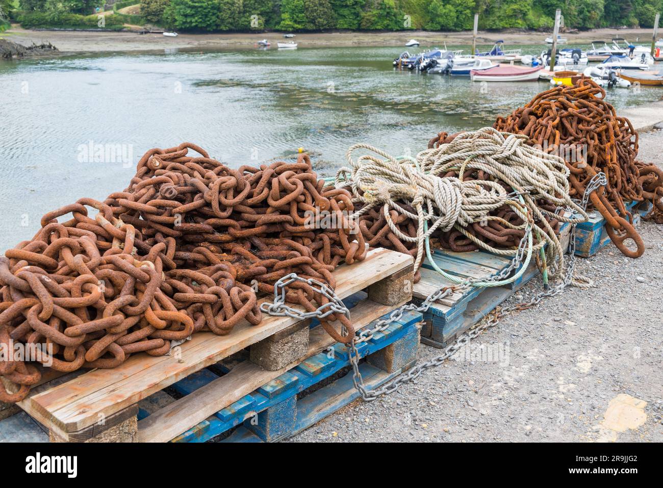 Pile of rusty chains used for securing mooring buoys to the seabed in