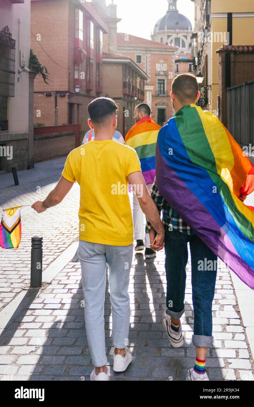 Back view of two joyful gay couples, holding hands tightly, parading through a sunny city street at dusk, adorned with vibrant LGBTQ accessories. Stock Photo
