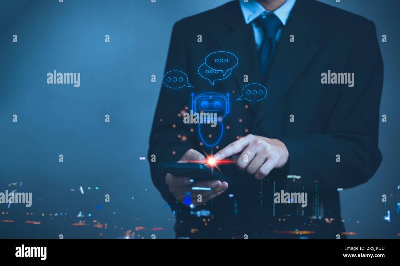 Businessman holding a light chatbot hologram intelligence AI. Digital ...