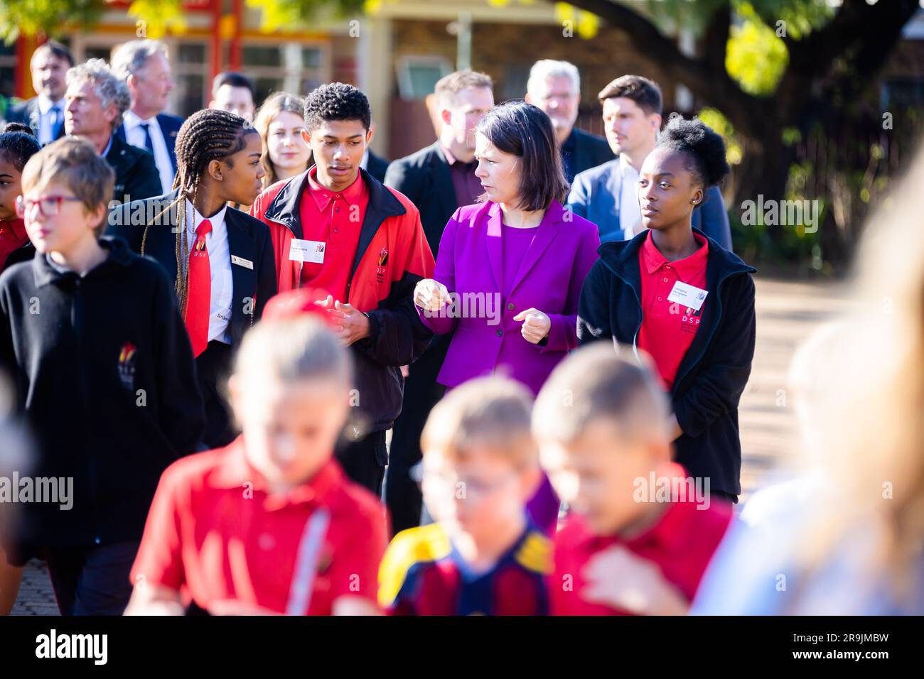 Pretoria, South Africa. 27th June, 2023. Annalena Baerbock (Bündnis 90/Die Grünen, 3rd from right), Foreign Minister, talks to students during her visit to the German International School Pretoria. Credit: Christoph Soeder/dpa/Alamy Live News Stock Photo