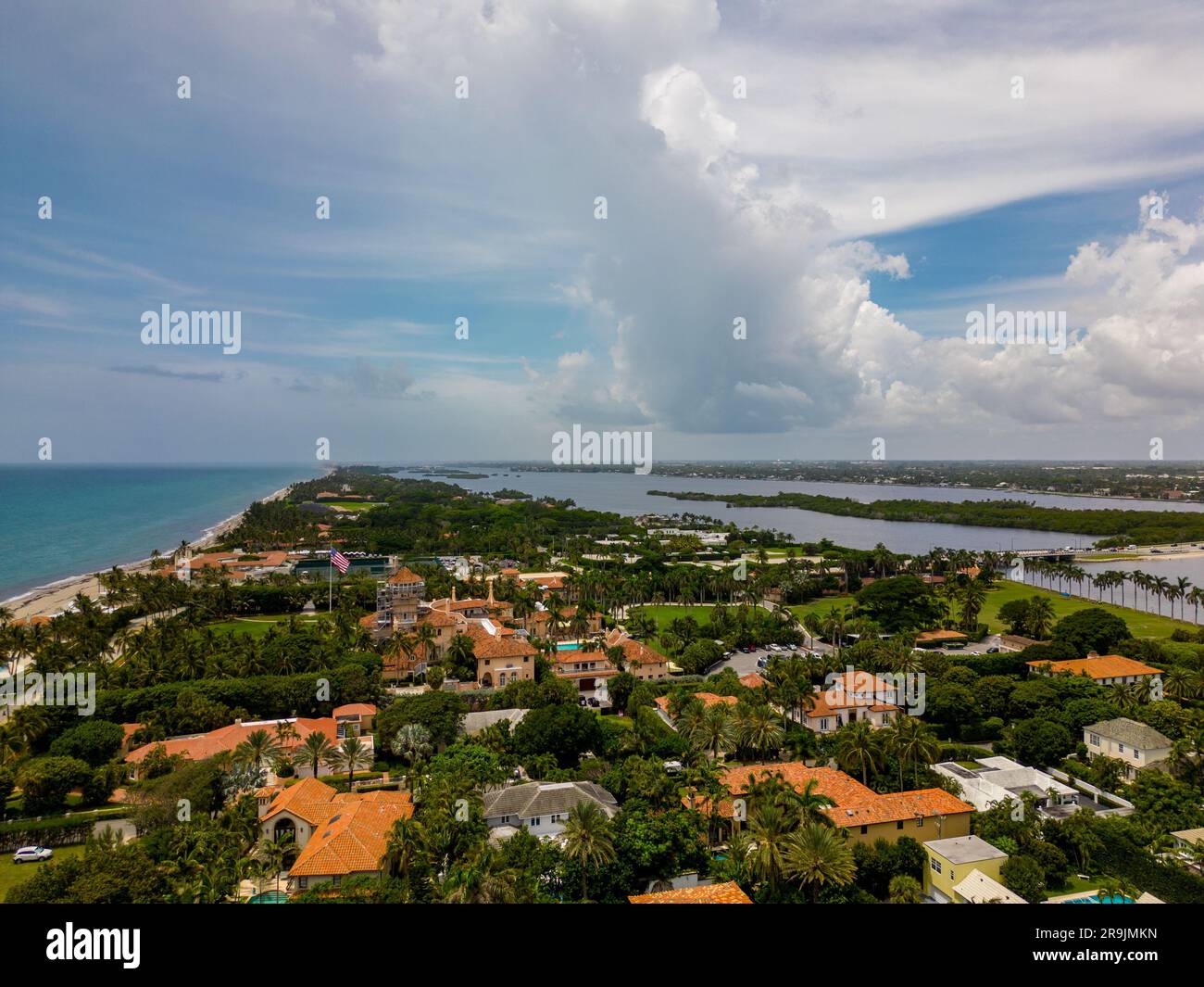 Palm Beach, FL, USA - June 23, 2023: Drone photo Mar A Lago Palm Beach popular vacation spot of Donald Trump Stock Photo