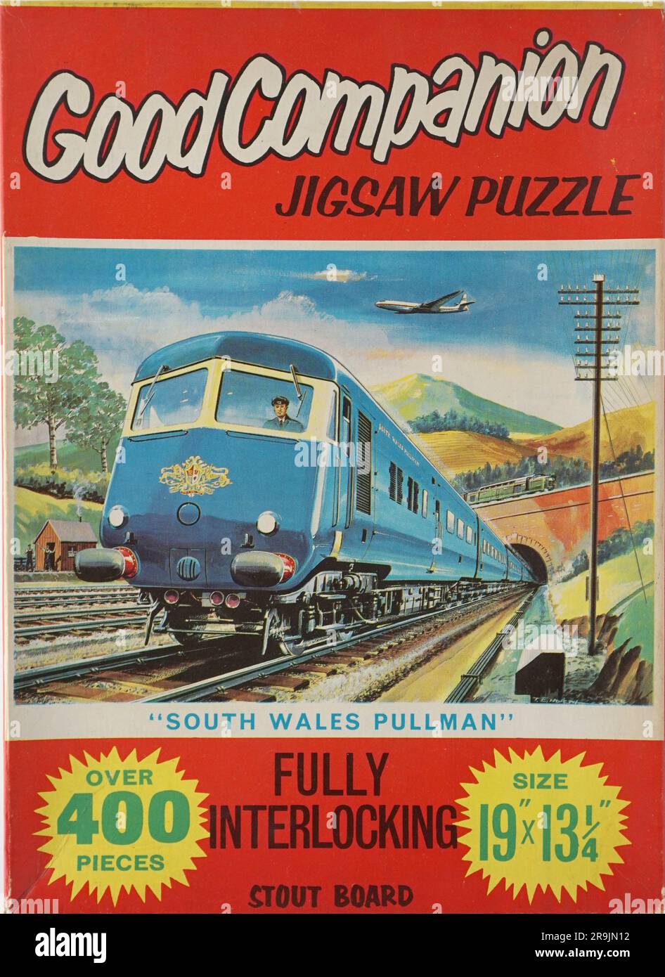 Vintage jigsaw from 1950s, with bright graphic and illustration of vintage diesel train, the South Wales Pullman.  Good Companion range. 400 pieces.  Made in Britain. Childhood, leisure. Stock Photo