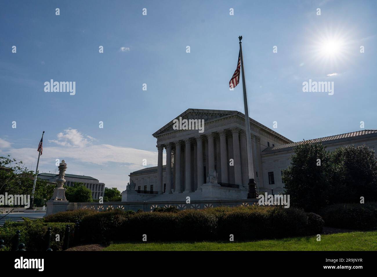 Washington, United States. 27th June, 2023. The Supreme Court is seen as it gets ready to decide some of its biggest cases of the term, in Washington, DC on Tuesday, June 27, 2023. The high court has 10 opinions left to release over the next week before the justices begin their summer break. Photo by Ken Cedeno/UPI Credit: UPI/Alamy Live News Stock Photo
