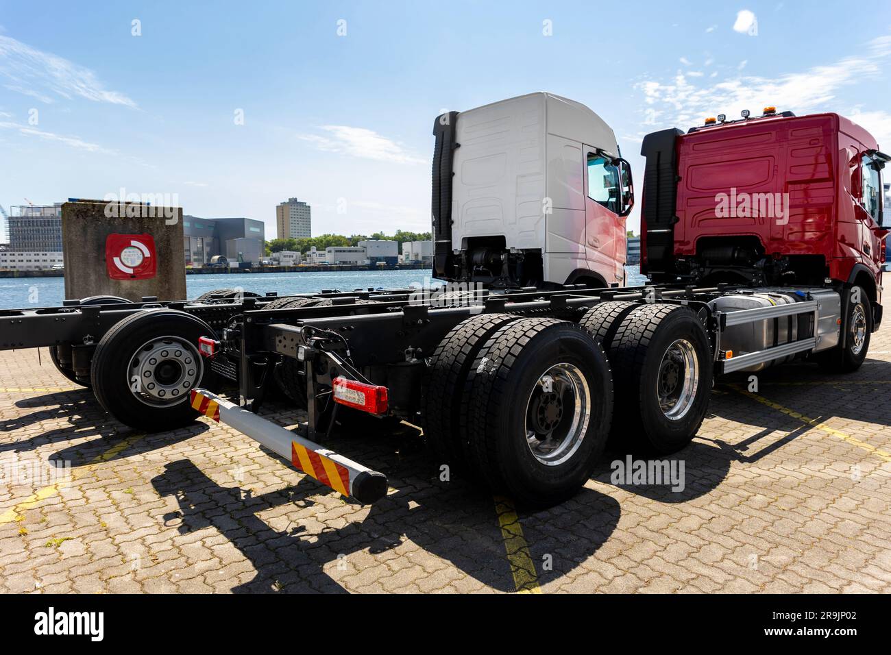 Back view many new heavy commercial cargo transport vehicles stand at