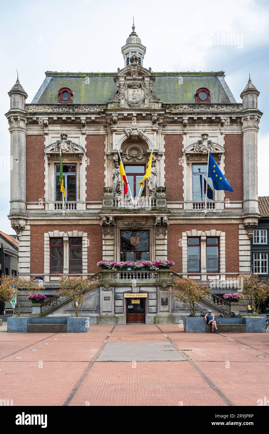 Wetteren, East Flemish Region, Belgium, June 16, 2023 - Decorated facade of the town hall at the old market square Stock Photo
