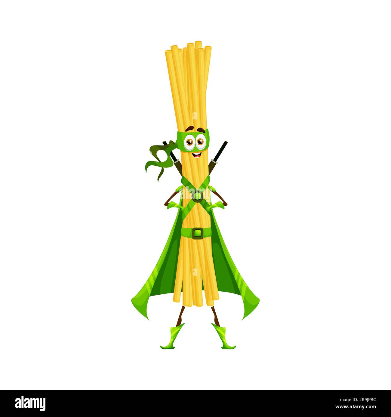 Cartoon superhero pasta character, bucatini in super hero costume