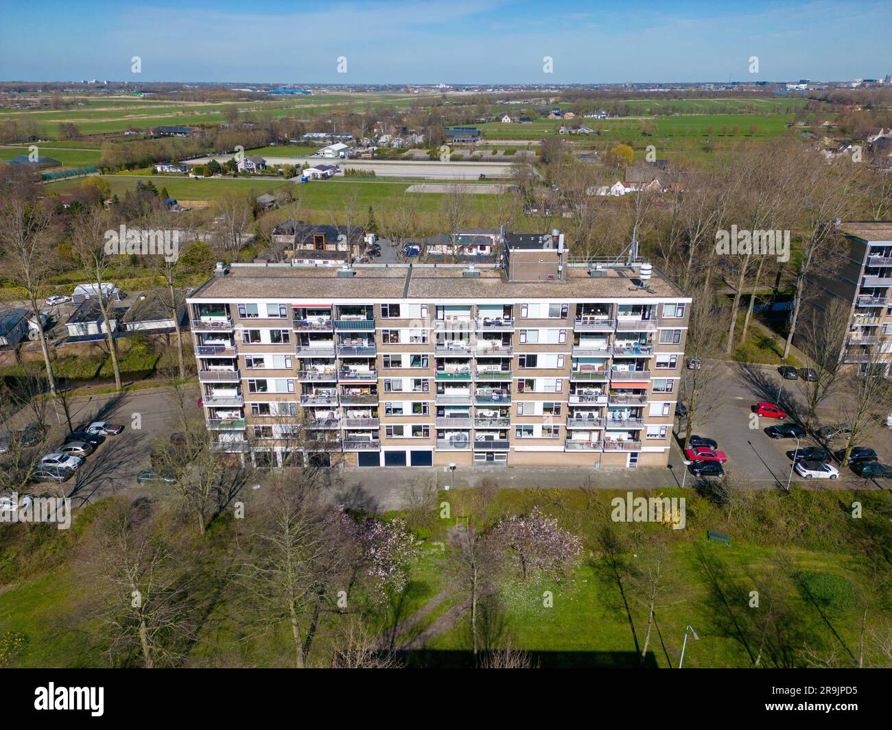 Aerial drone photo of apartment buildings in a residential area in Wassenaar, the Netherlands