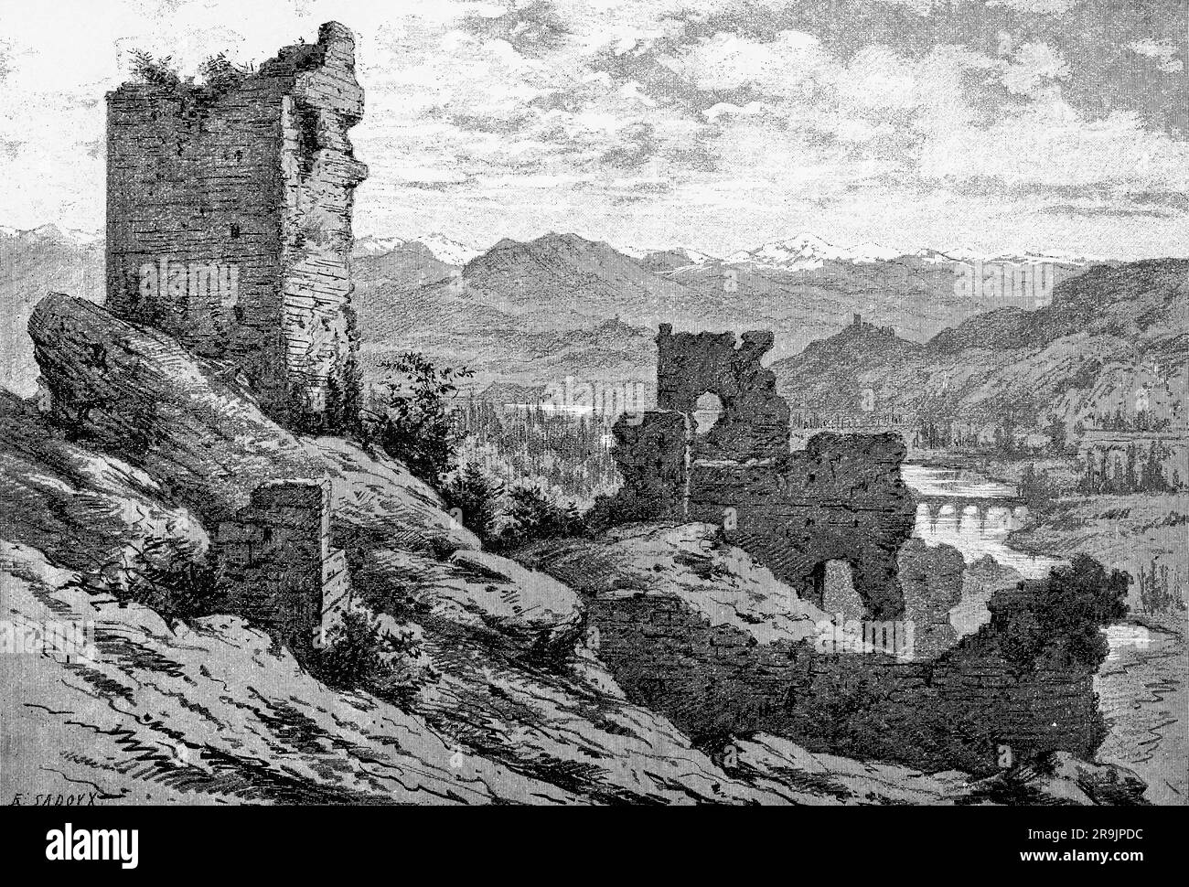 A late 19th century illustration of the ruined Roquefort castle in the ...