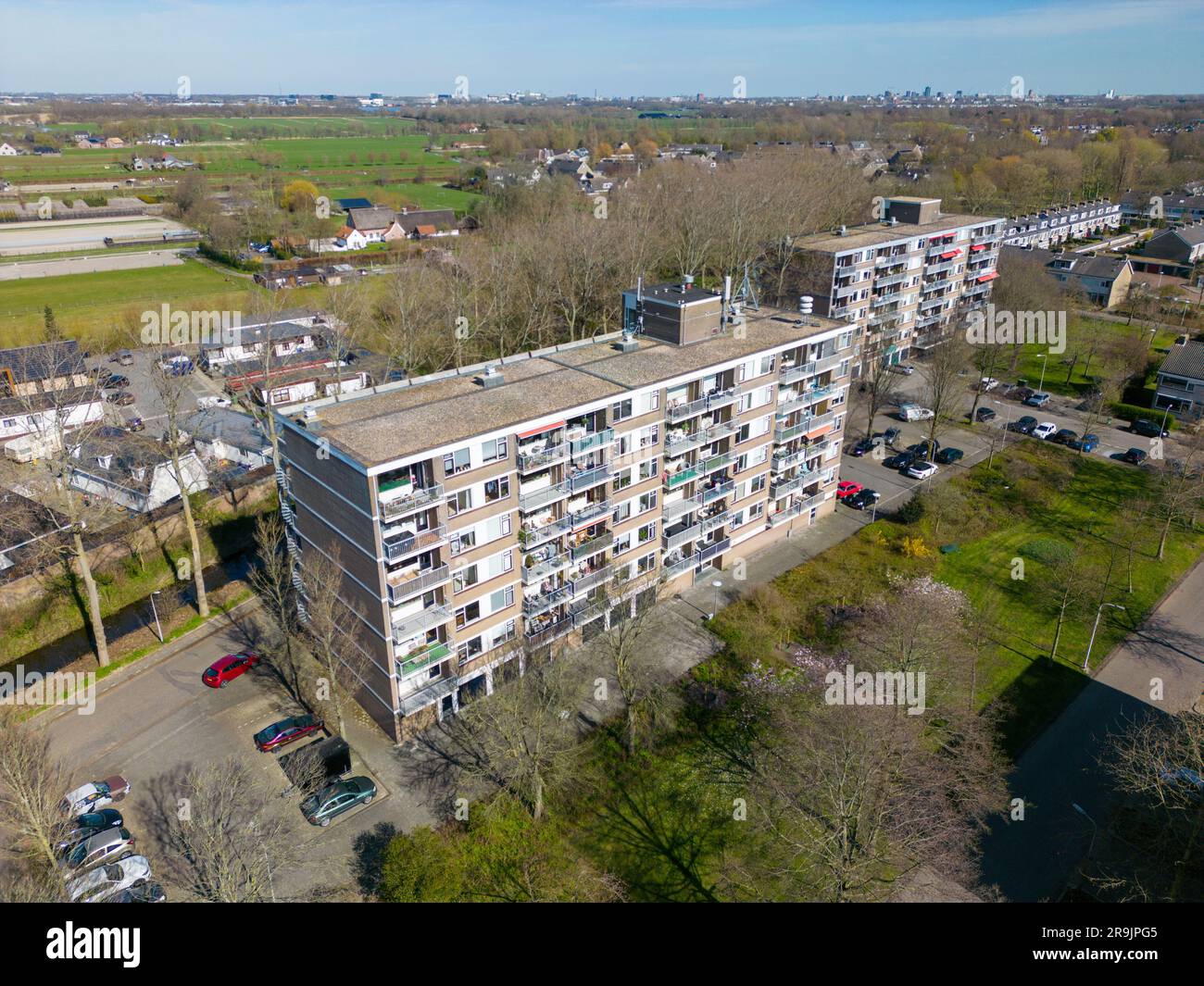 Aerial drone photo of apartment buildings in a residential area in Wassenaar, the Netherlands Stock Photo