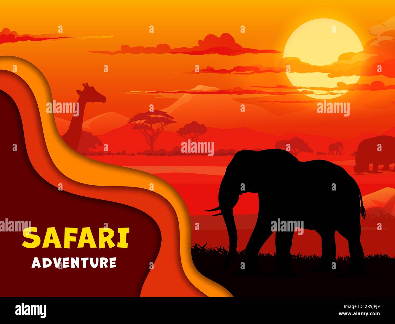 African paper cut banner with safari animals silhouettes on sunset landscape. Scenery savanna nature background with vector elephant, giraffe and hippo, acacia trees, mountains, orange sky and clouds Stock Vector