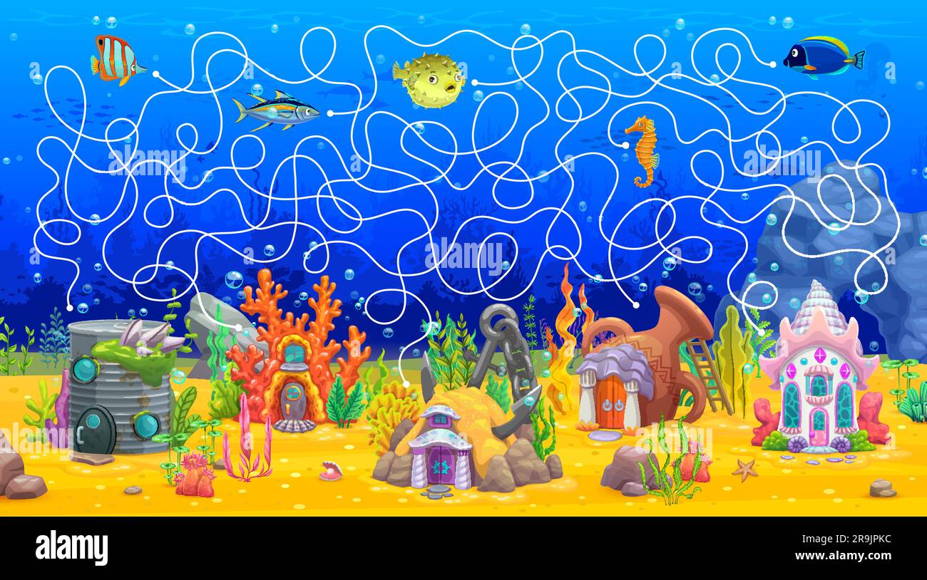 Labyrinth maze game. Help to fish find himself fairytale underwater house. Find way kids puzzle, maze quiz vector worksheet with seashell, coral, oil barrel and ceramic pot houses on sea bottom Stock Vector