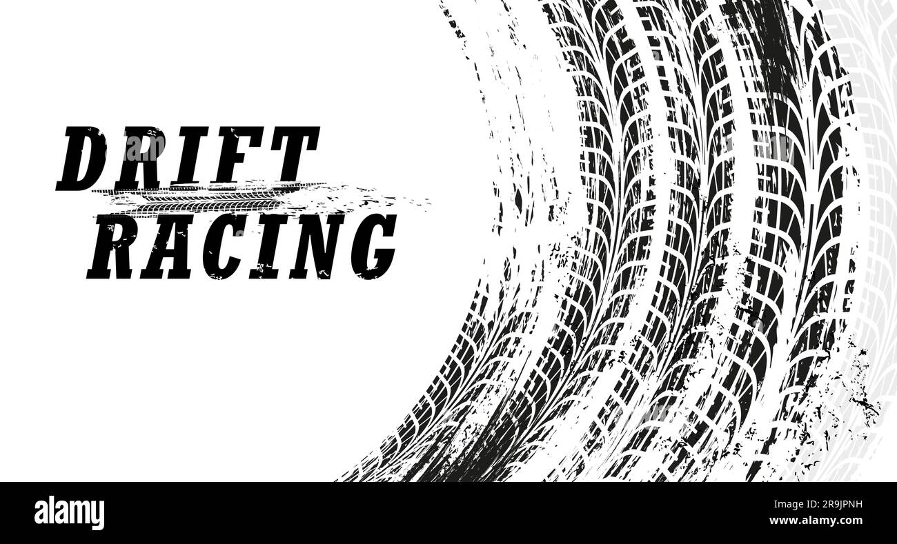 Drift racing background with grunge tire tracks, vector race sport