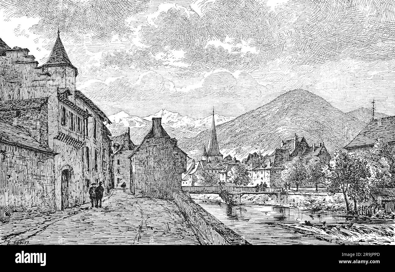 A late 19th century illustration of the pleasant village of Arreau, a commune in the Hautes-Pyrénées department in southwestern France. It nestles in the heart of the Bigorre area between the Col d'Aspin and Col Peyresourde mountain passes at the confluence of the Neste d'Aure and Neste du Louron rivers. Stock Photo