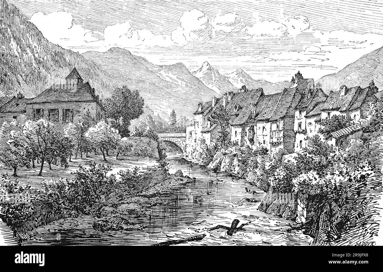 A late 19th century illustration of the pleasant village of Arreau, a ...