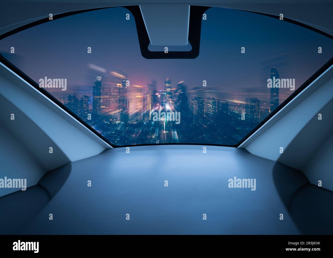 Air taxi window view of city at night. Air vehicle. Personal air transport. Autonomous aerial taxi. Flying car. Urban aviation. Futuristic technology. Stock Photo