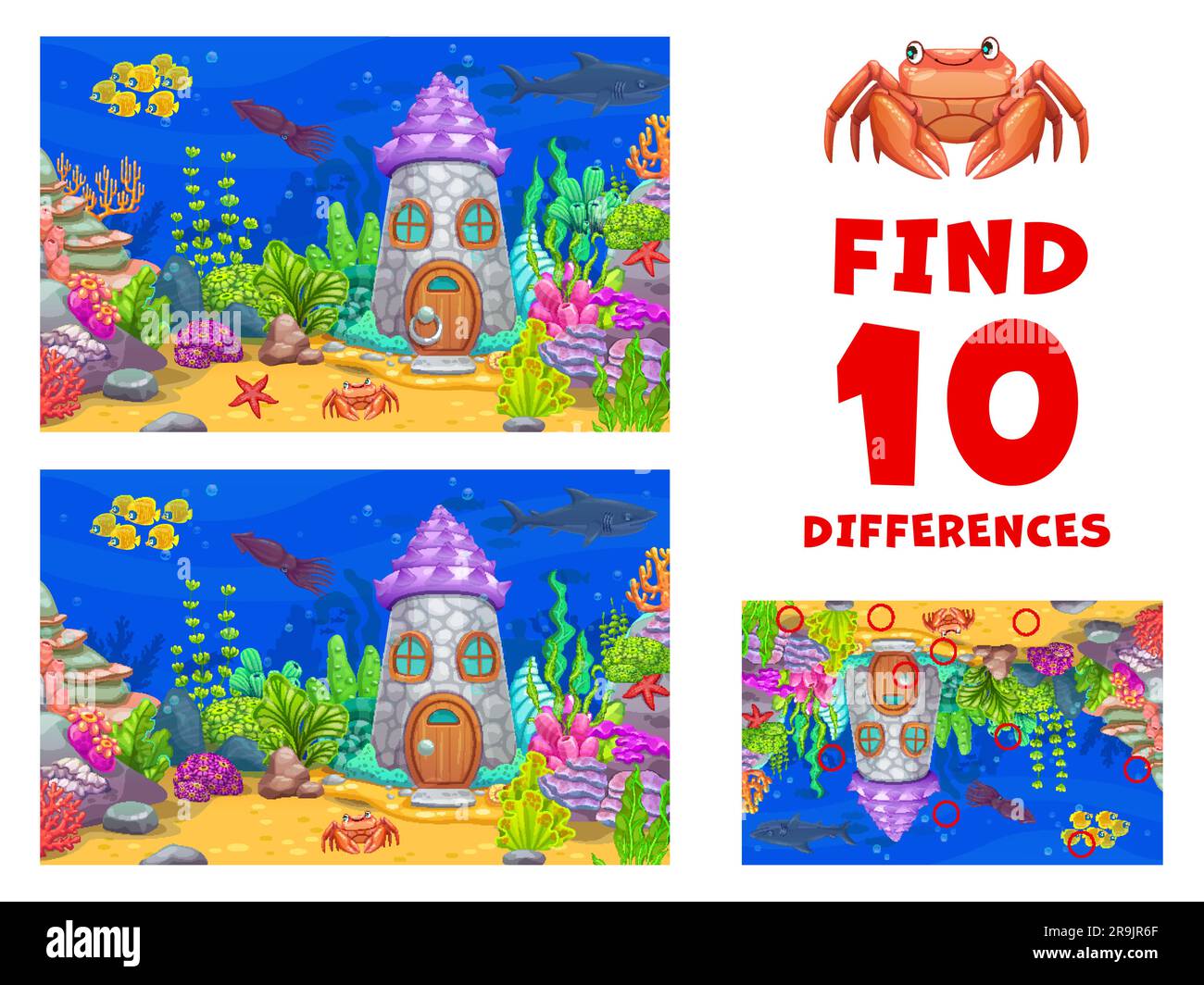Find ten differences in underwater landscape with seaweeds, stone house