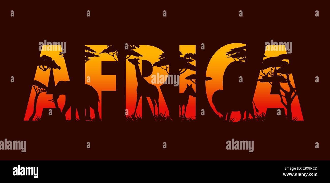 African safari, sunset landscape with animal silhouettes and trees