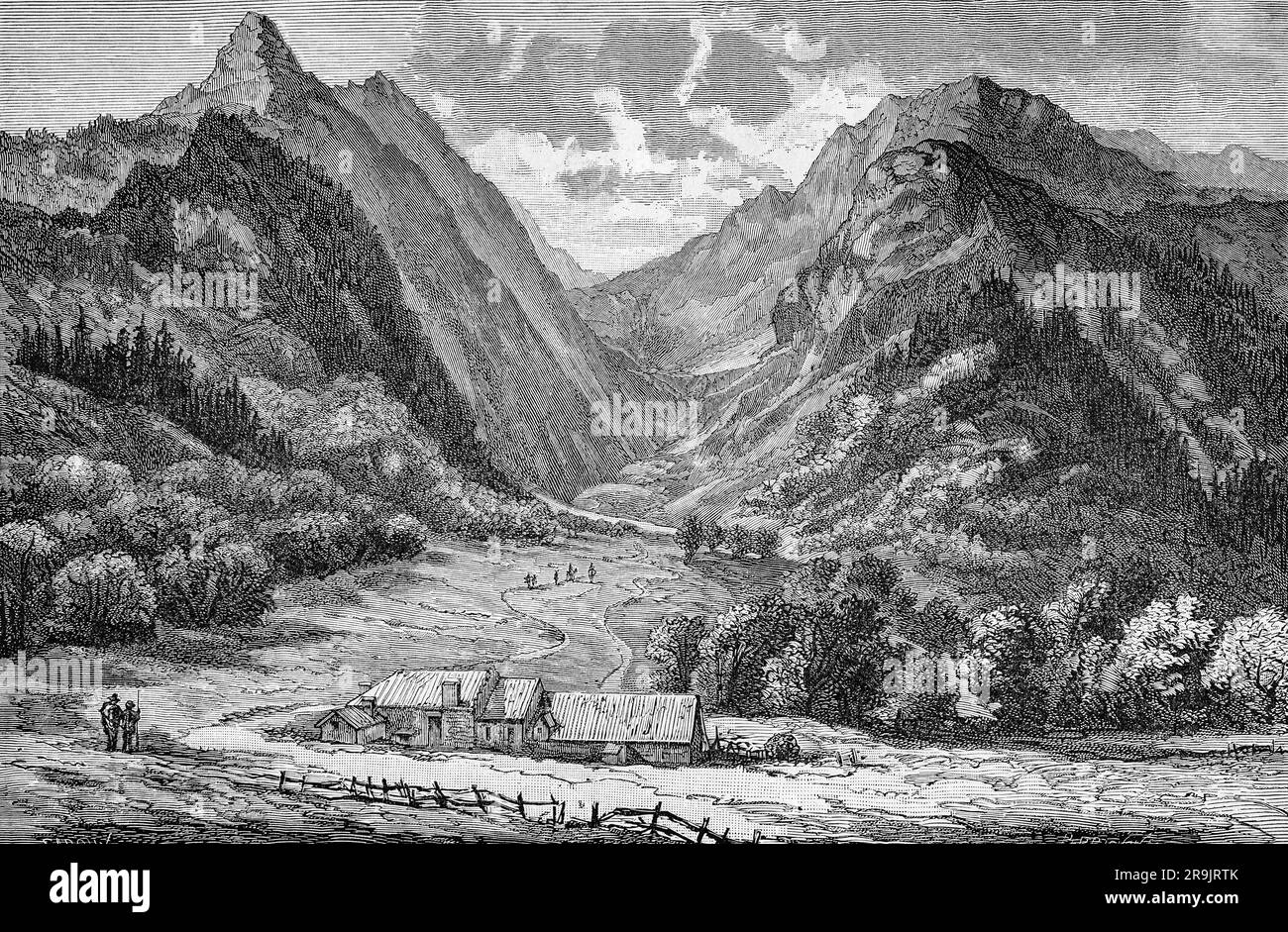 A late 19th century illustration of L'Hospice de France South of Bagnères-de-Luchon in France in the Port (Pass) de Venasque, a mountain pass in the Pyrenees lying on the border between France and Spain. The pass has always been used for communications between Aragon and the Luchon valley, often  by armies, from the Romans, to the armies of the Napoleonic Wars and anti-Franco guerrillas during the 1944 attempted invasion of Val d'Aran , as well as by traders and smugglers. Stock Photo