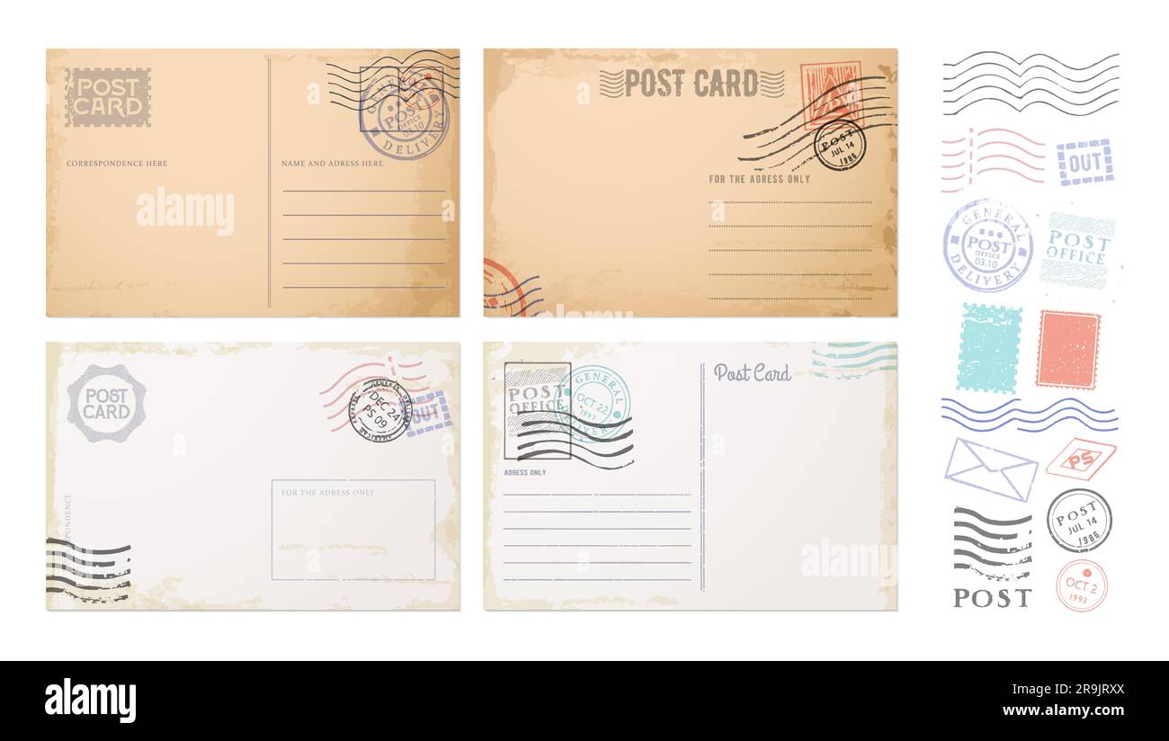 Antique postcards, retro postage stamps and vintage mail. Old paper post card or letter vector templates with blank address frame border lines, grunge postage stamps and post office postmarks Stock Vector