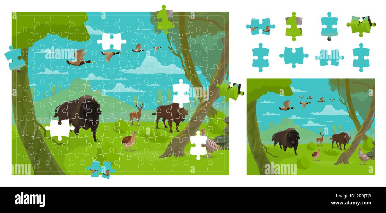 Cartoon forest animals and birds. Jigsaw puzzle game pieces. Right fragment match game, figure search puzzle or correct piece connect vector worksheet with bison, deer, quail and pheasant, duck animal Stock Vector